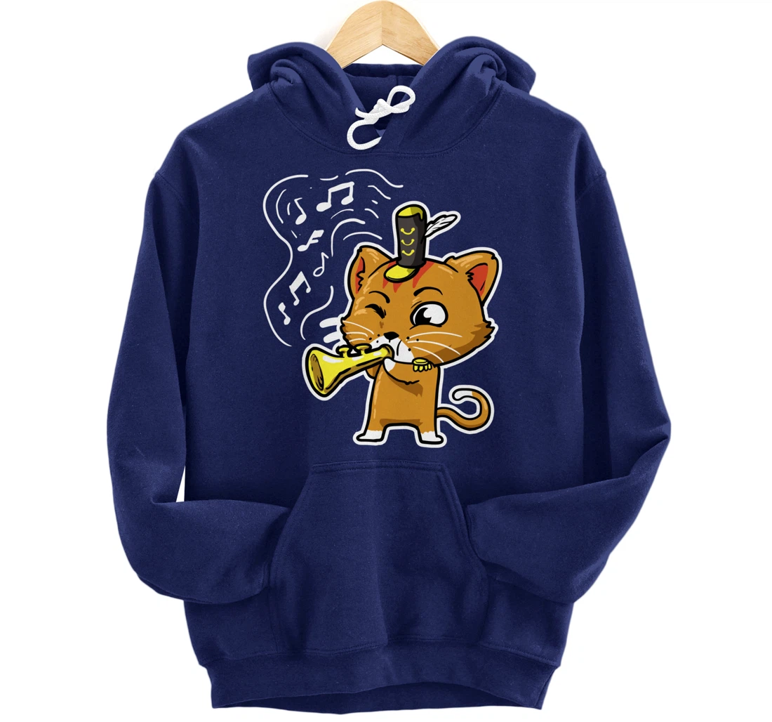 Cute Kawaii Cat Playing Trumpet Trumpeter Cat Lover Pullover Hoodie
