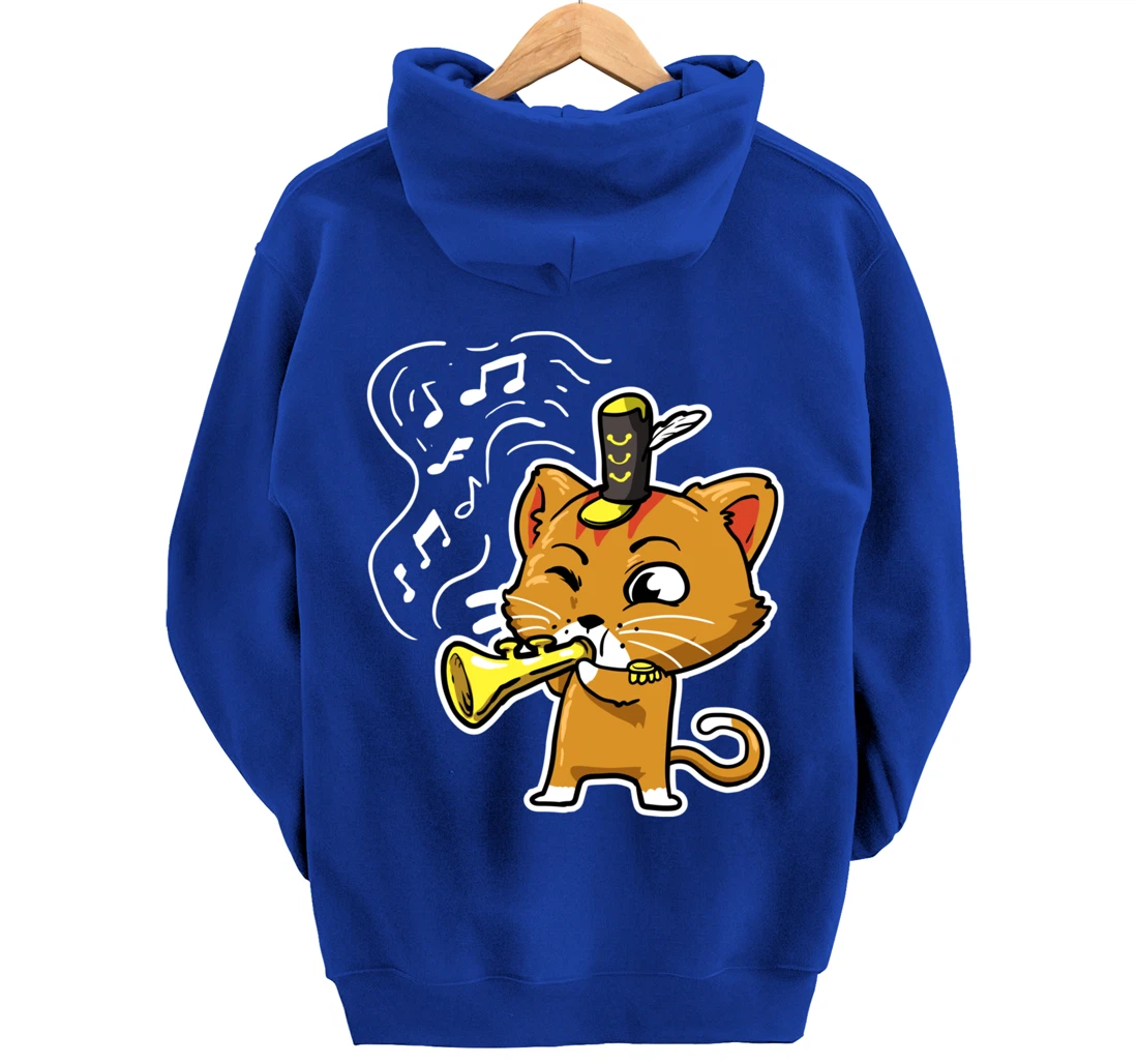 Cute Kawaii Cat Playing Trumpet Trumpeter Cat Lover Pullover Hoodie