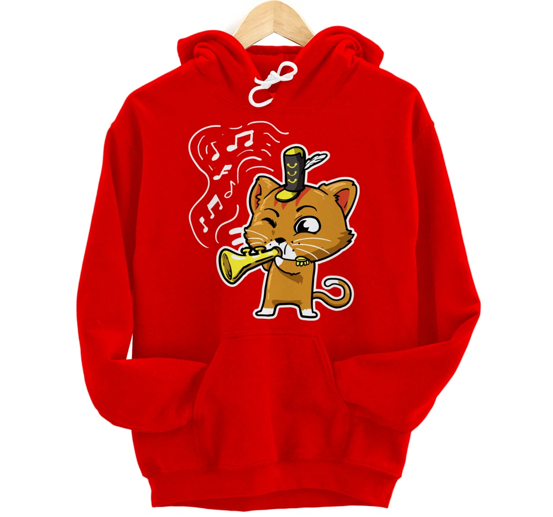 Cute Kawaii Cat Playing Trumpet Trumpeter Cat Lover Pullover Hoodie