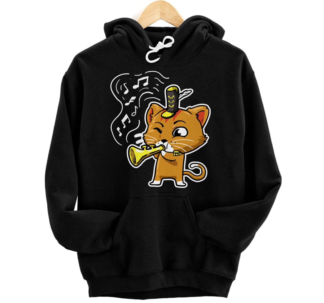 Cute Kawaii Cat Playing Trumpet Trumpeter Cat Lover Pullover Hoodie