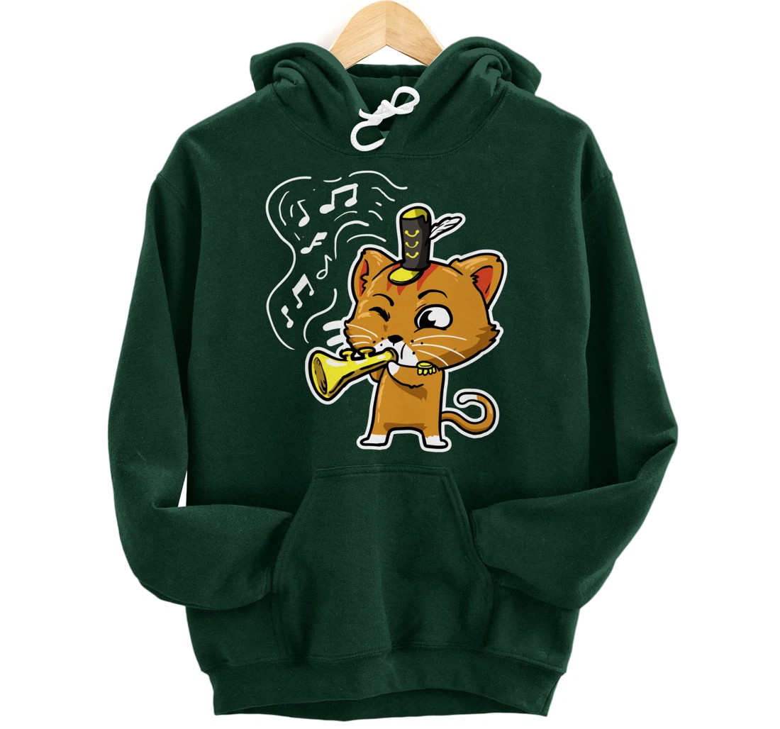 Cute Kawaii Cat Playing Trumpet Trumpeter Cat Lover Pullover Hoodie