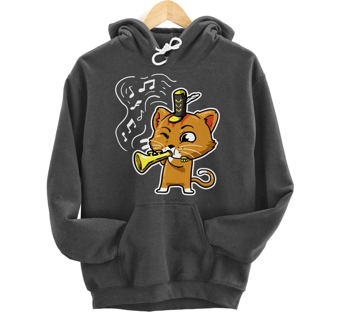 Cute Kawaii Cat Playing Trumpet Trumpeter Cat Lover Pullover Hoodie