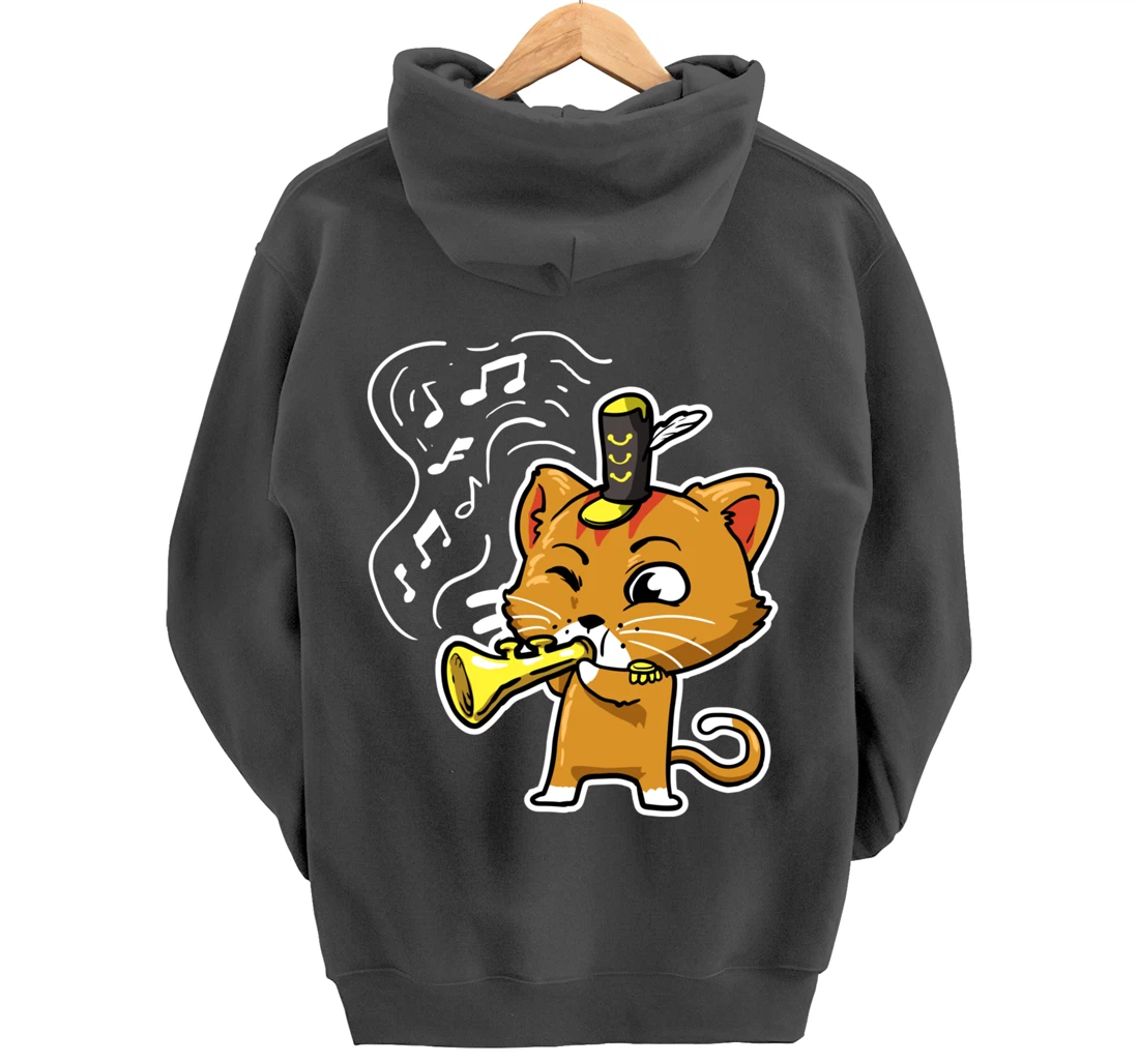 Cute Kawaii Cat Playing Trumpet Trumpeter Cat Lover Pullover Hoodie