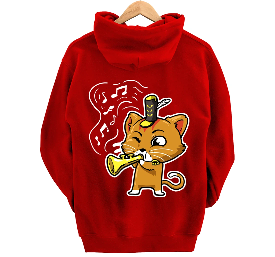 Cute Kawaii Cat Playing Trumpet Trumpeter Cat Lover Pullover Hoodie