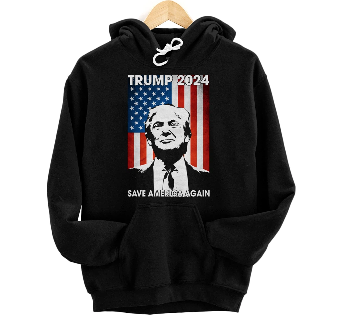 American Flag Trump 2024 Save America Again Patriotic Pullover Hoodie