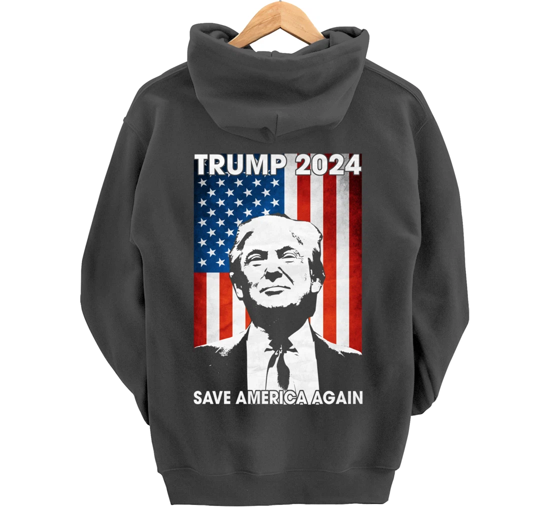 American Flag Trump 2024 Save America Again Patriotic Pullover Hoodie