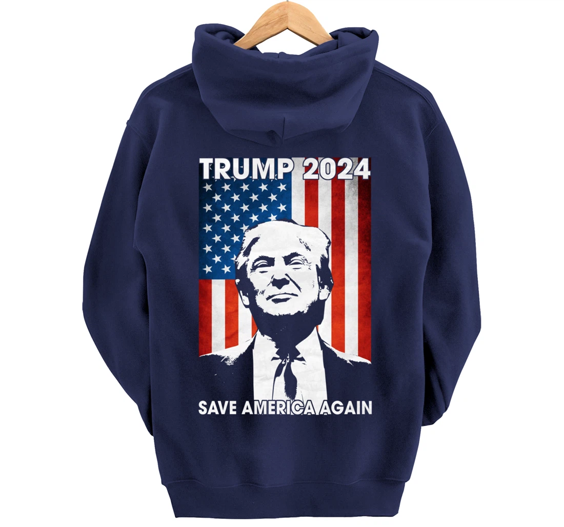 American Flag Trump 2024 Save America Again Patriotic Pullover Hoodie