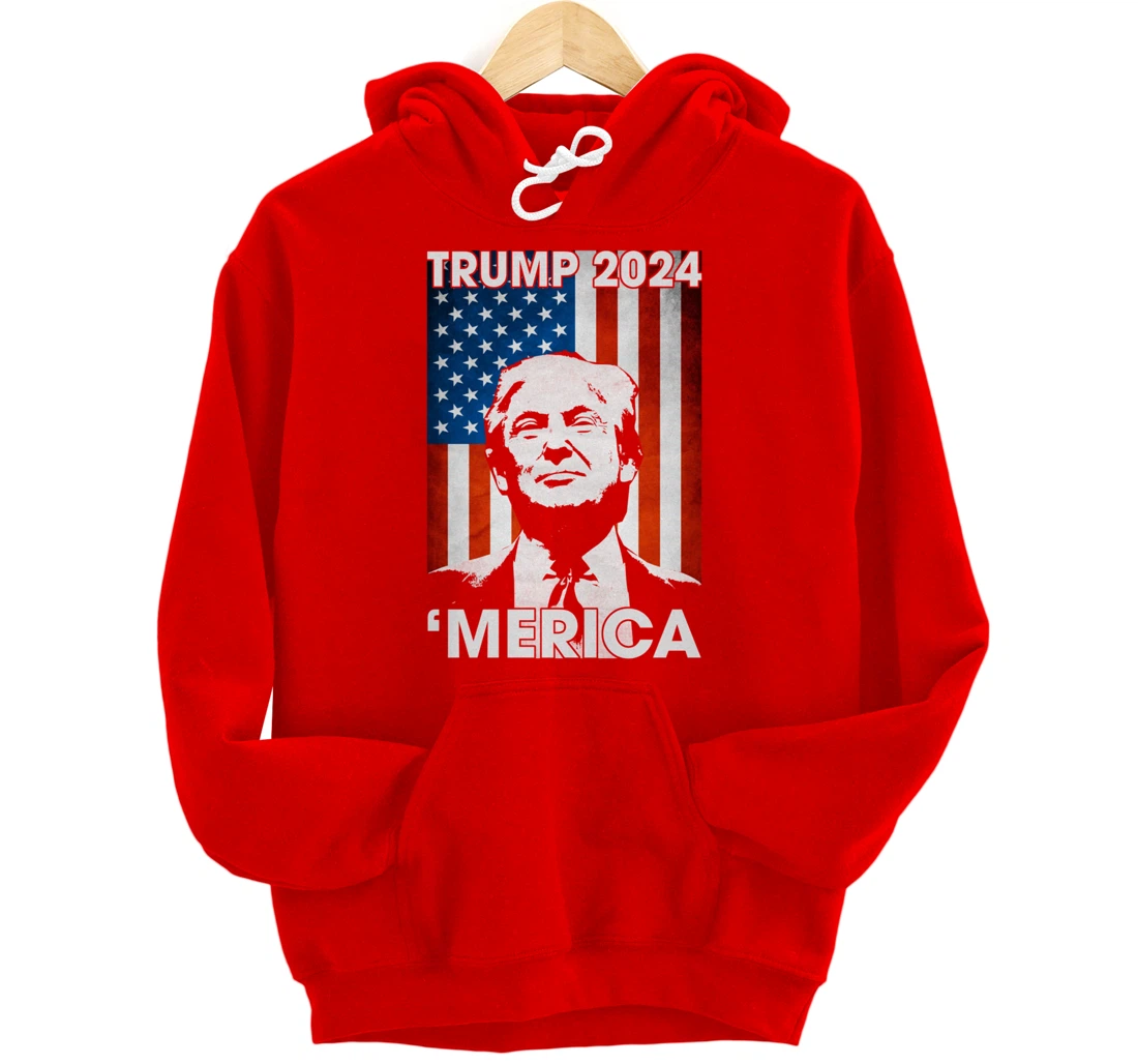 Trump 2024 Merica American Flag 4th Of July Murica Patriotic Pullover Hoodie