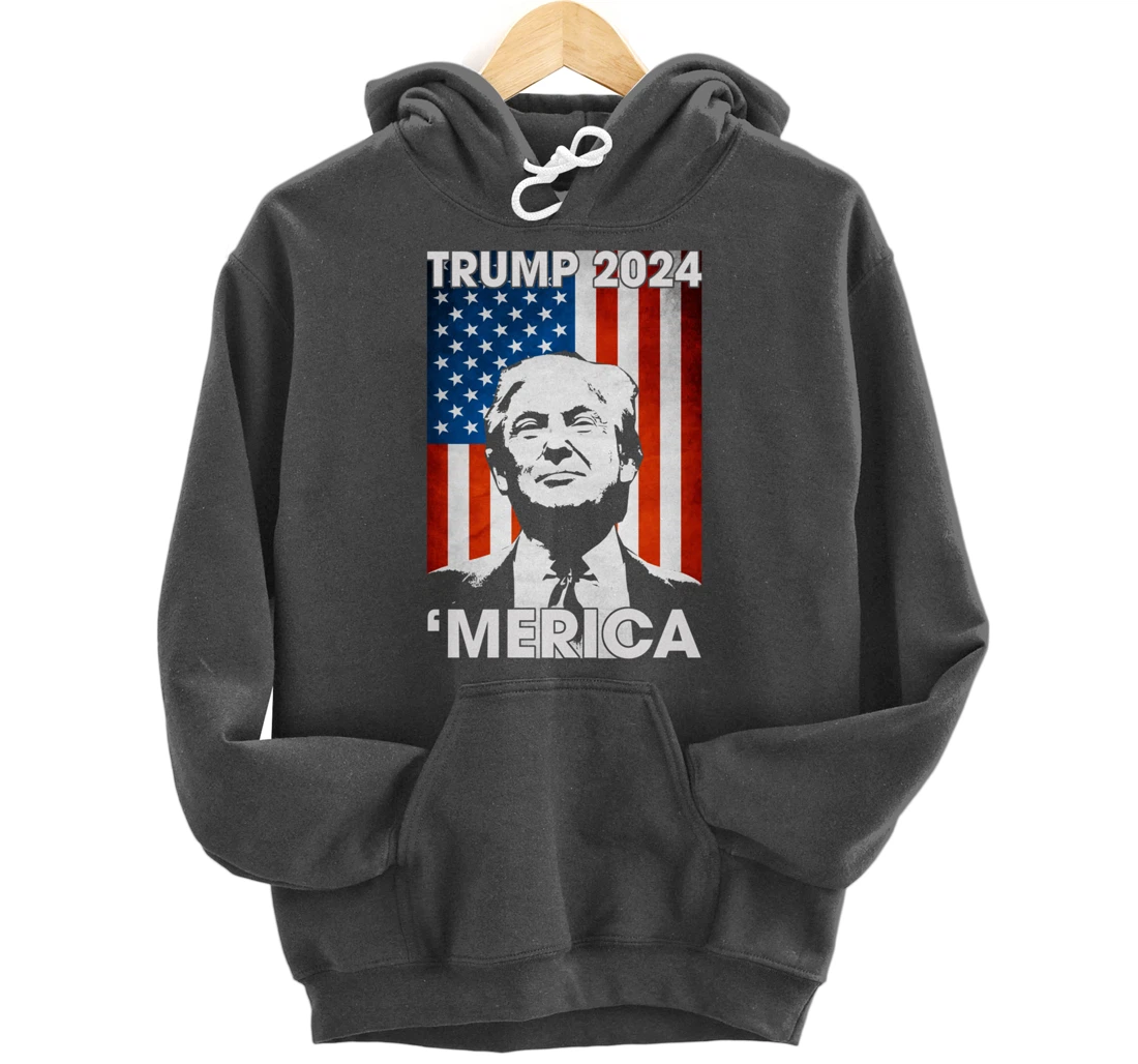 Trump 2024 Merica American Flag 4th Of July Murica Patriotic Pullover Hoodie