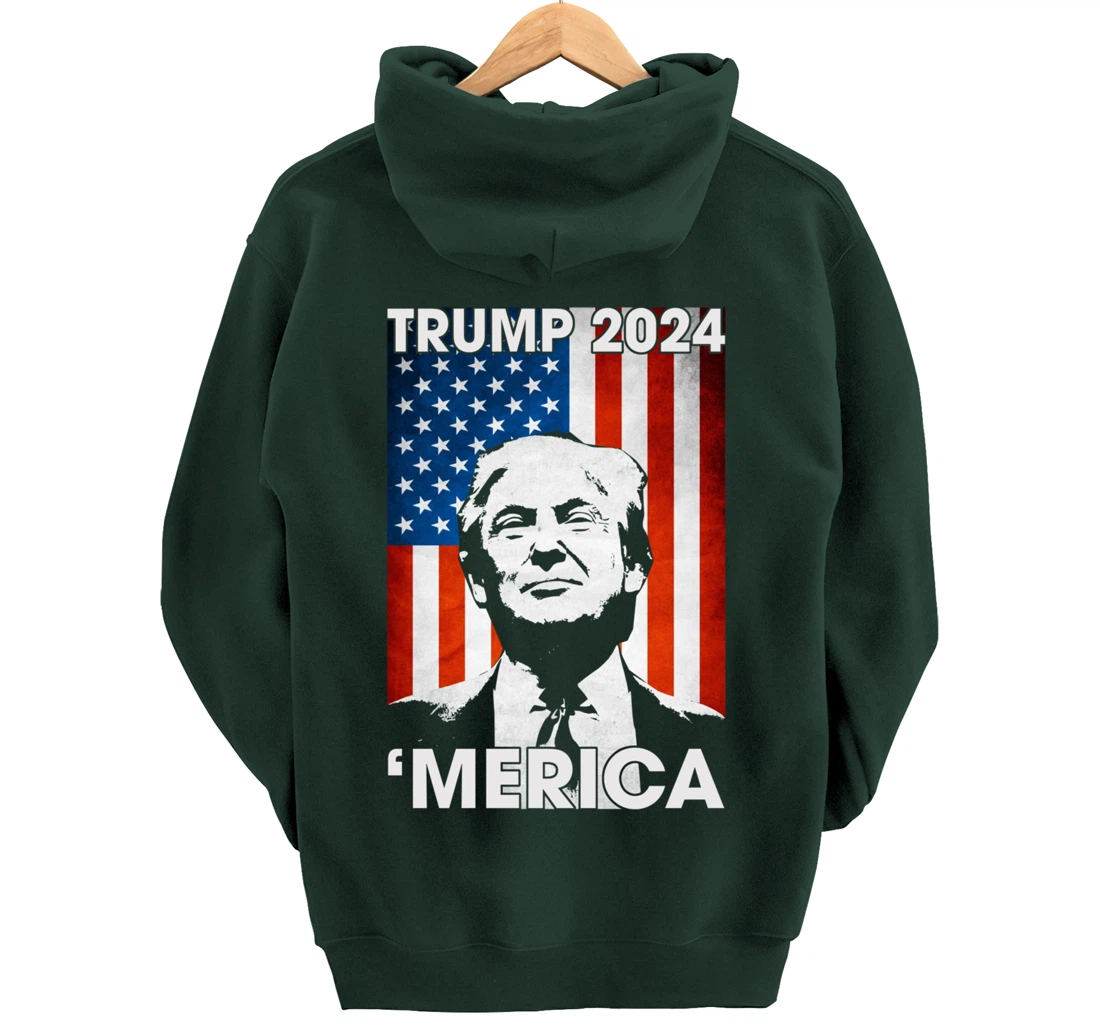 Trump 2024 Merica American Flag 4th Of July Murica Patriotic Pullover Hoodie