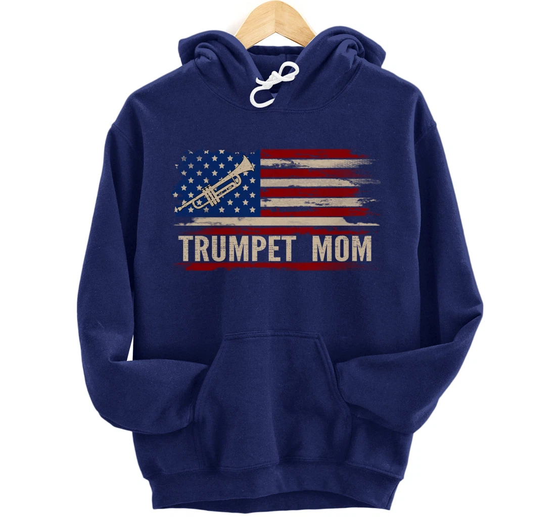 Vintage Trumpet Mom American USA Flag Music Gift Pullover Hoodie