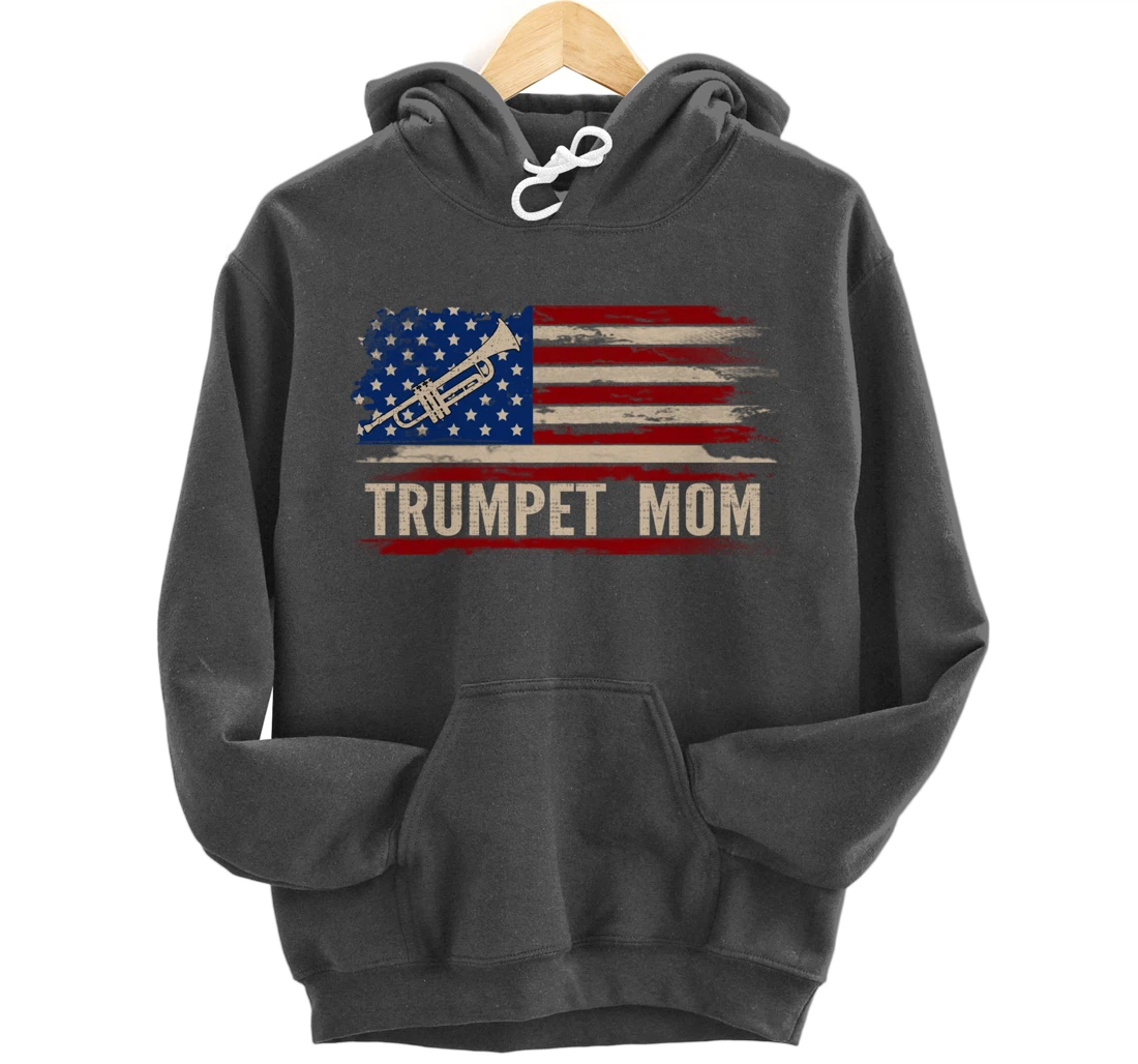 Vintage Trumpet Mom American USA Flag Music Gift Pullover Hoodie