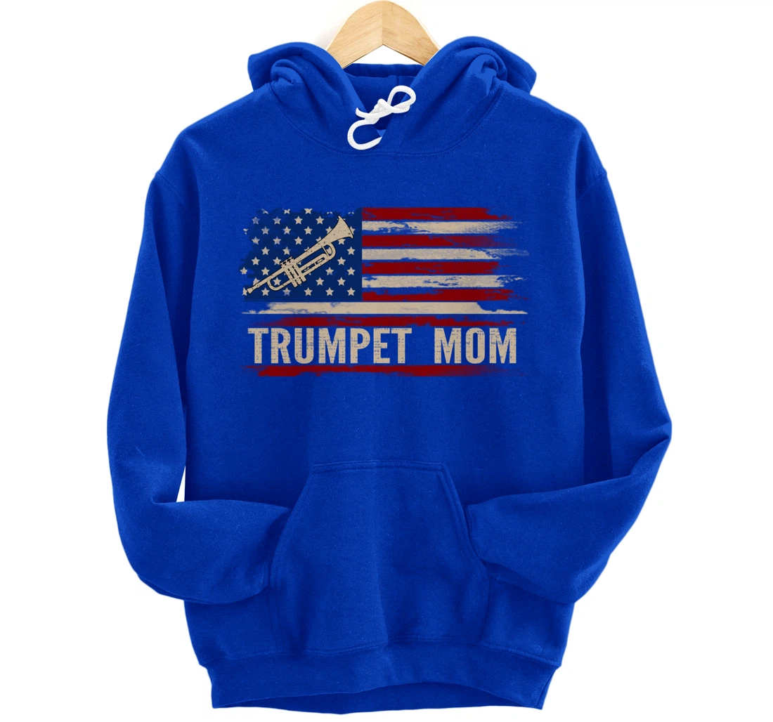 Vintage Trumpet Mom American USA Flag Music Gift Pullover Hoodie