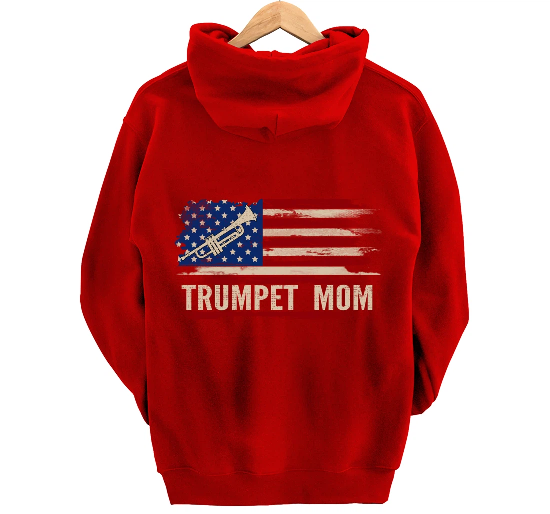 Vintage Trumpet Mom American USA Flag Music Gift Pullover Hoodie