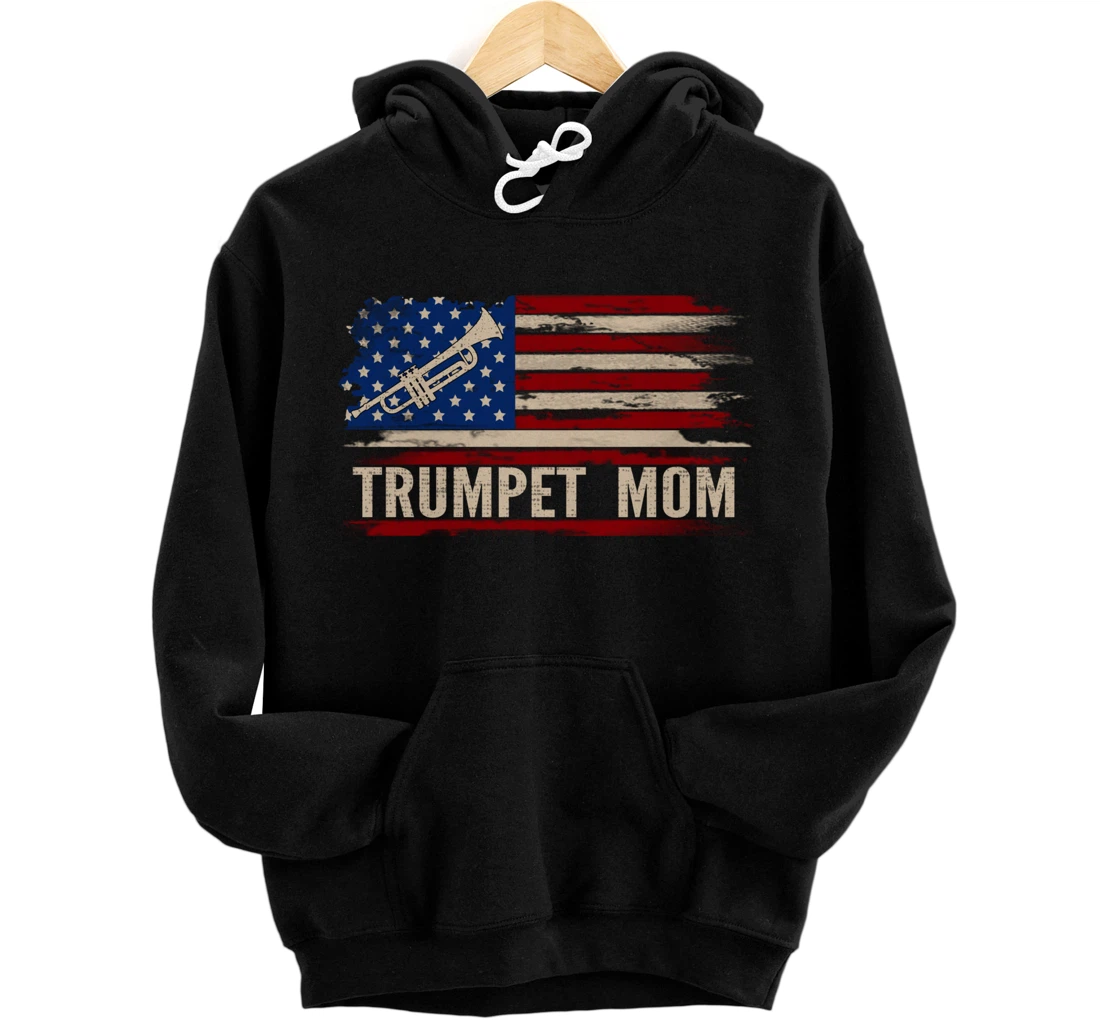 Vintage Trumpet Mom American USA Flag Music Gift Pullover Hoodie