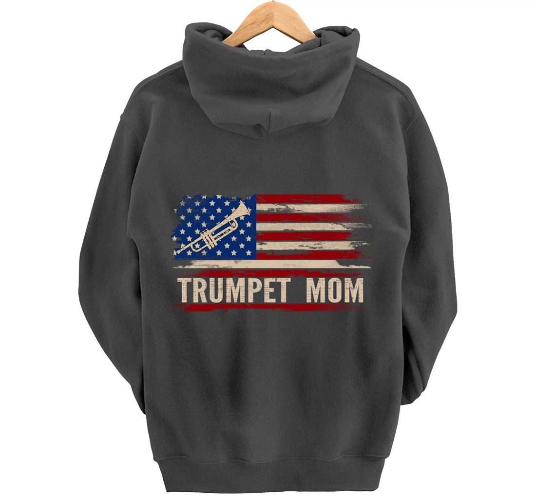 Vintage Trumpet Mom American USA Flag Music Gift Pullover Hoodie