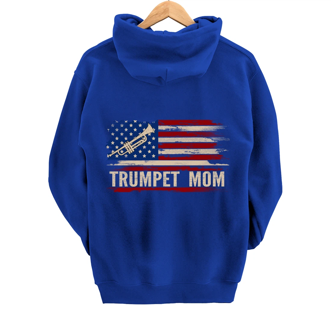 Vintage Trumpet Mom American USA Flag Music Gift Pullover Hoodie