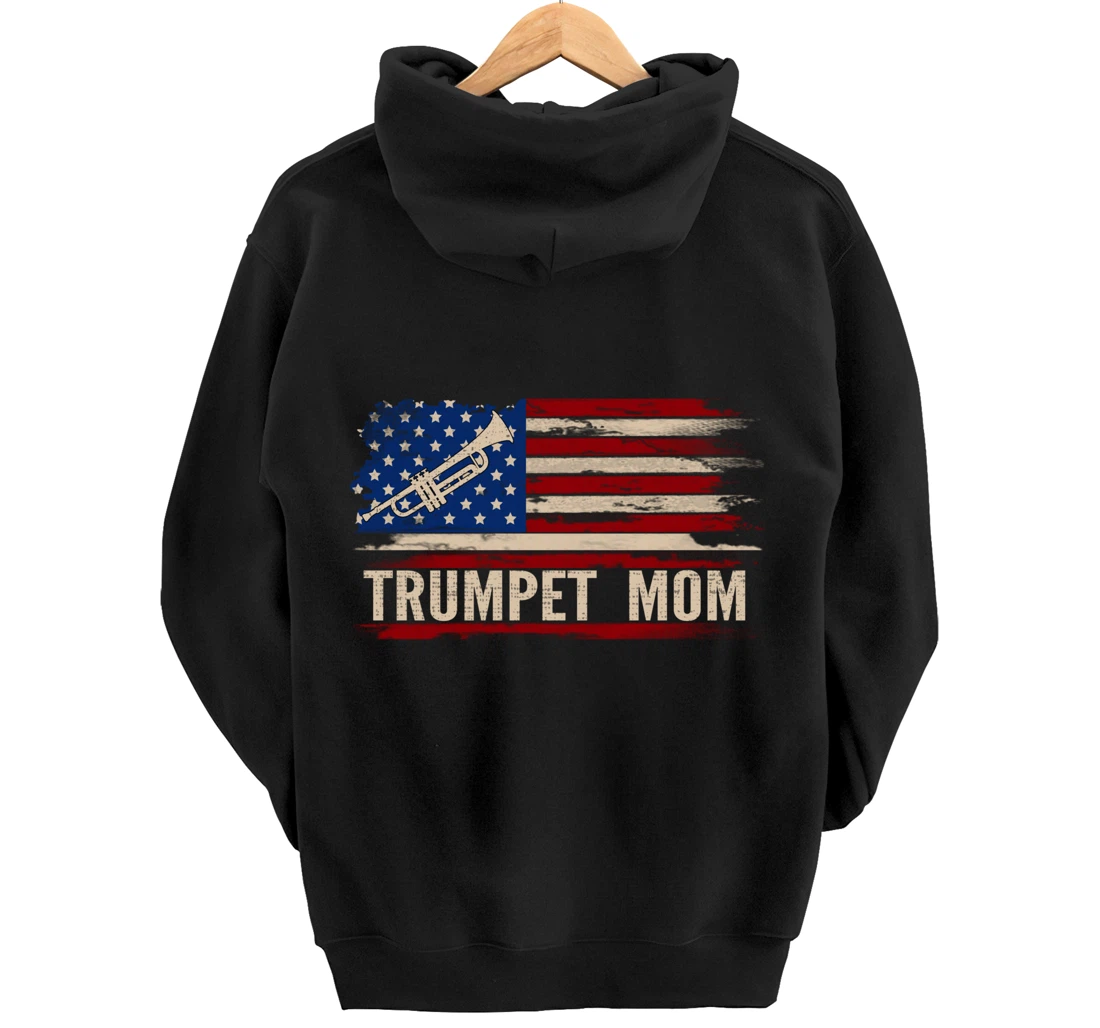 Vintage Trumpet Mom American USA Flag Music Gift Pullover Hoodie