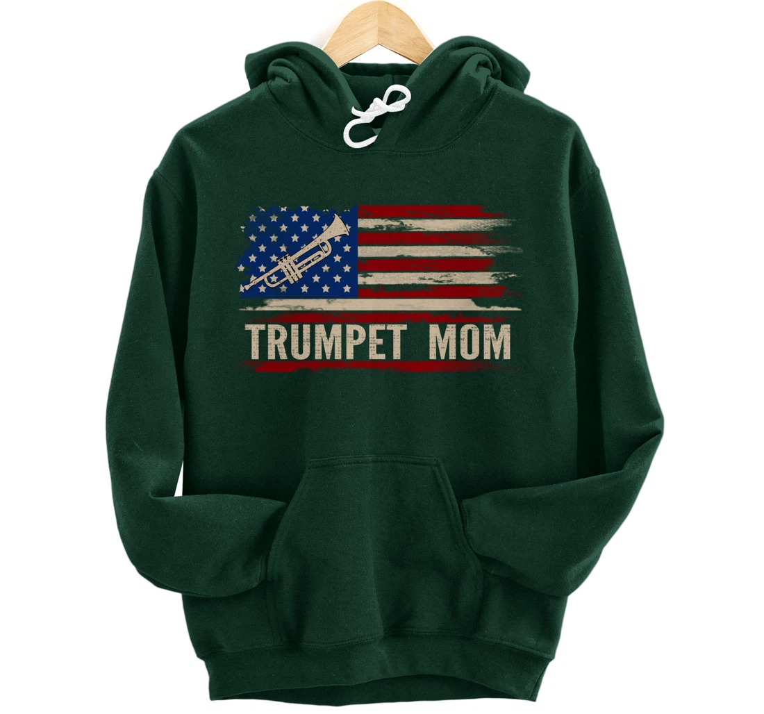 Vintage Trumpet Mom American USA Flag Music Gift Pullover Hoodie
