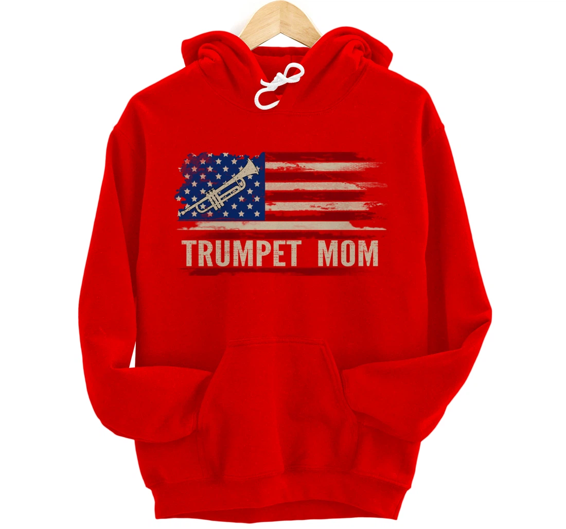 Vintage Trumpet Mom American USA Flag Music Gift Pullover Hoodie