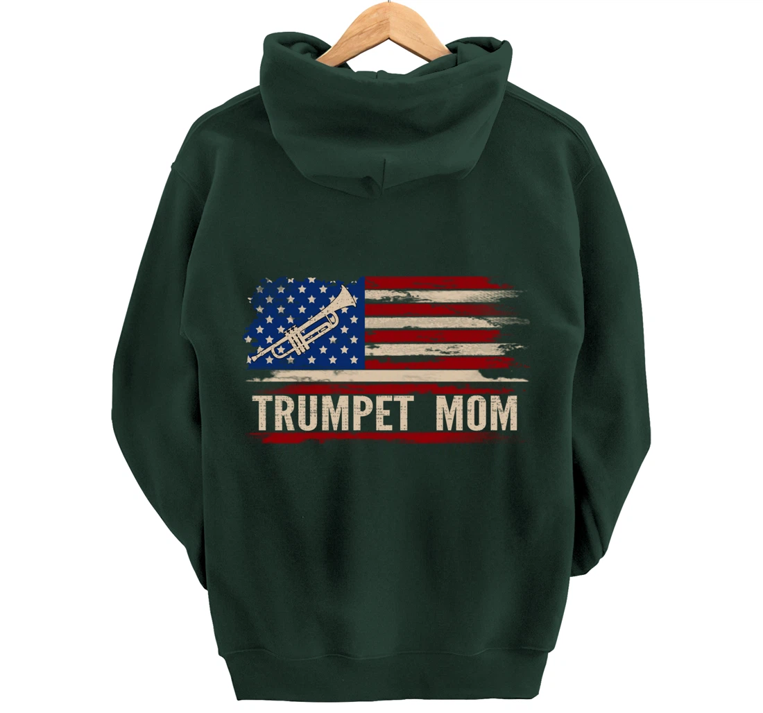 Vintage Trumpet Mom American USA Flag Music Gift Pullover Hoodie