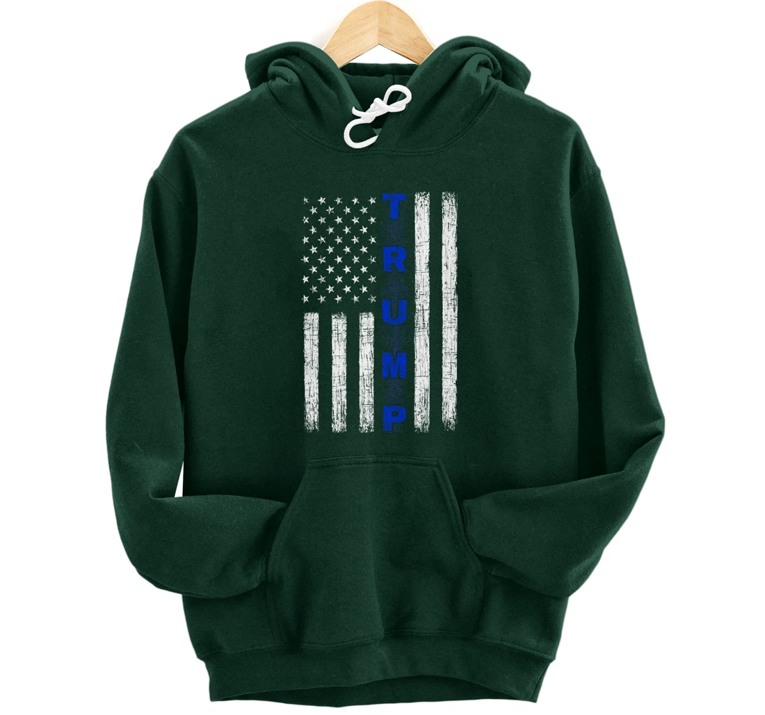 Thin Blue Line Trump American Flag - design on back - Police Pullover Hoodie
