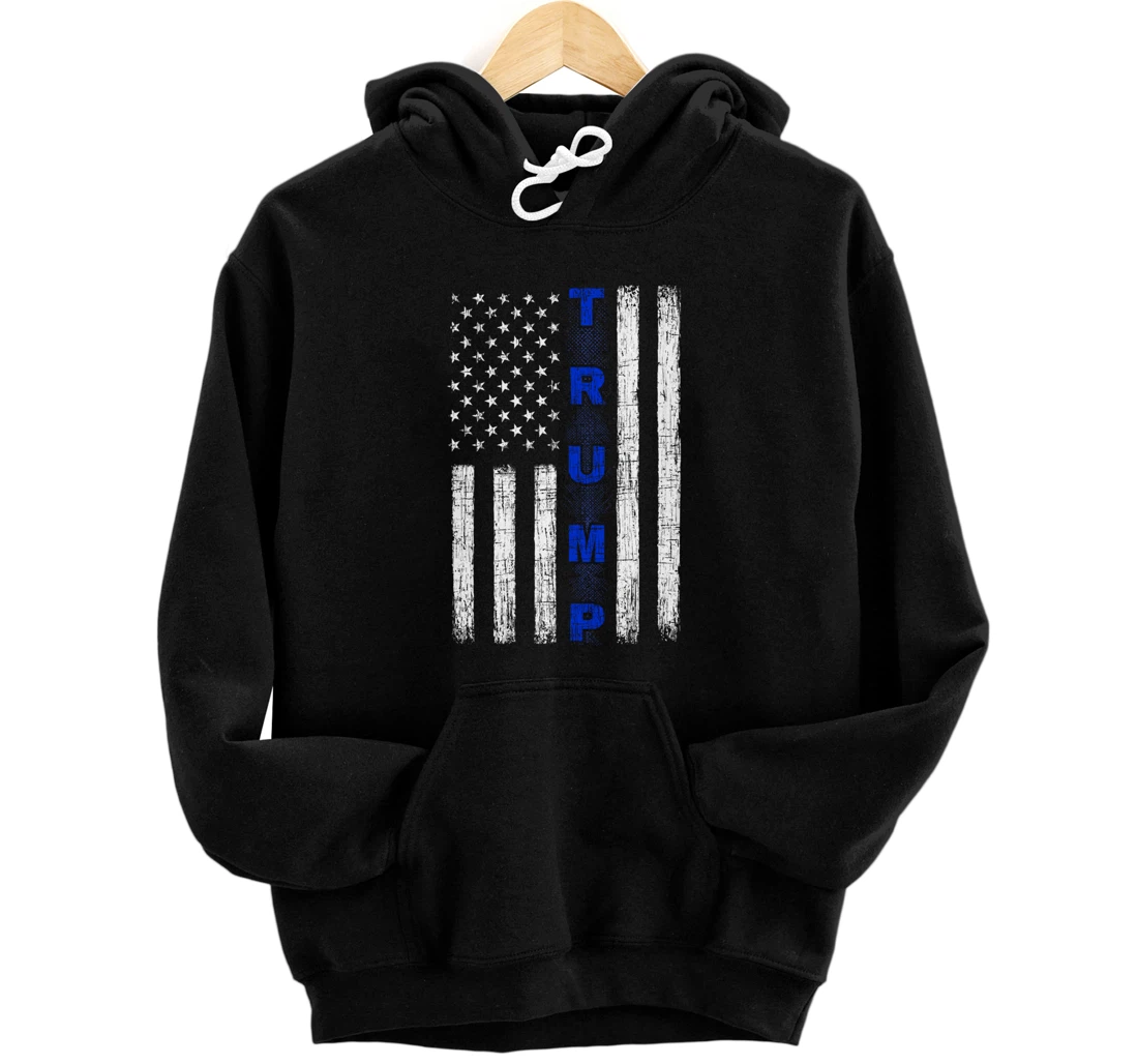 Thin Blue Line Trump American Flag - design on back - Police Pullover Hoodie