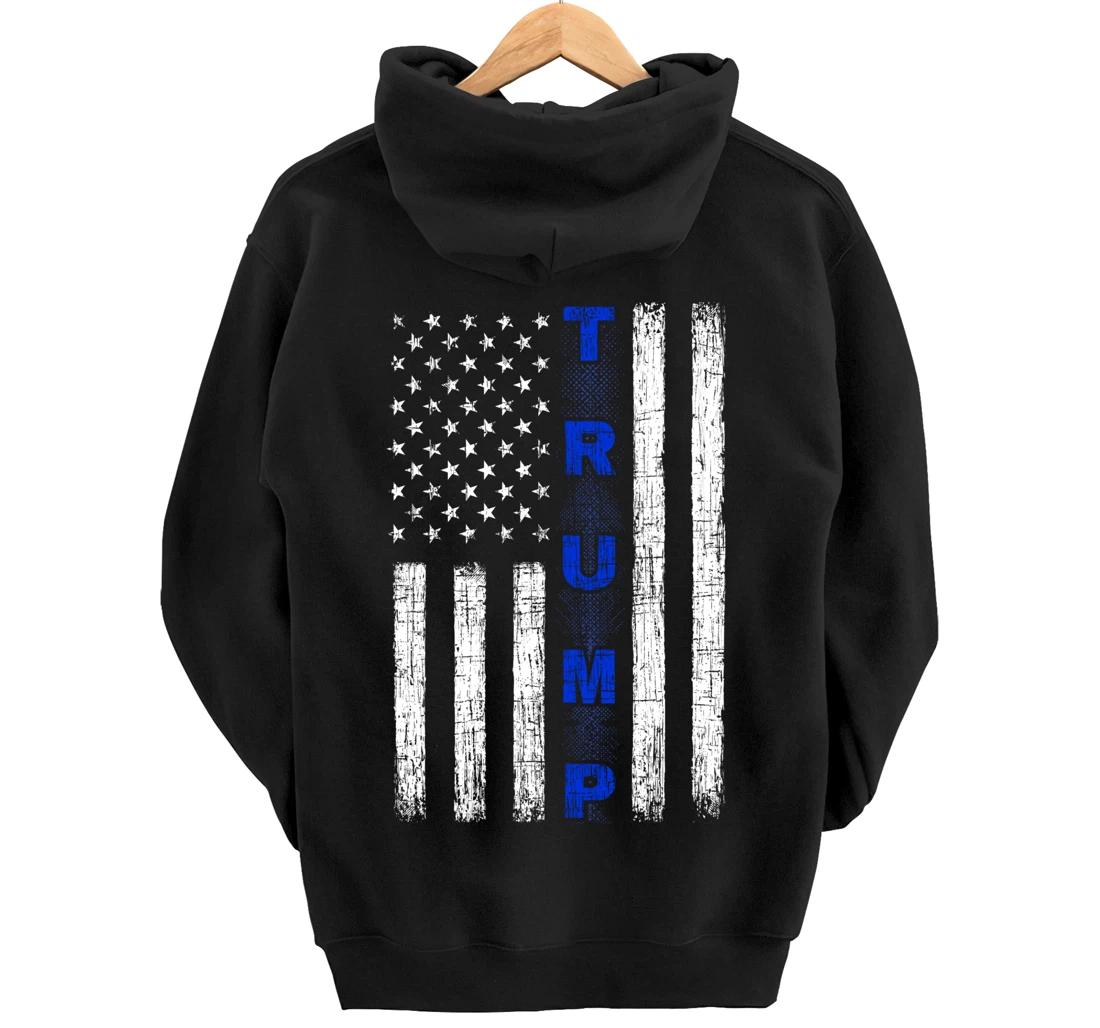 Thin Blue Line Trump American Flag - design on back - Police Pullover Hoodie