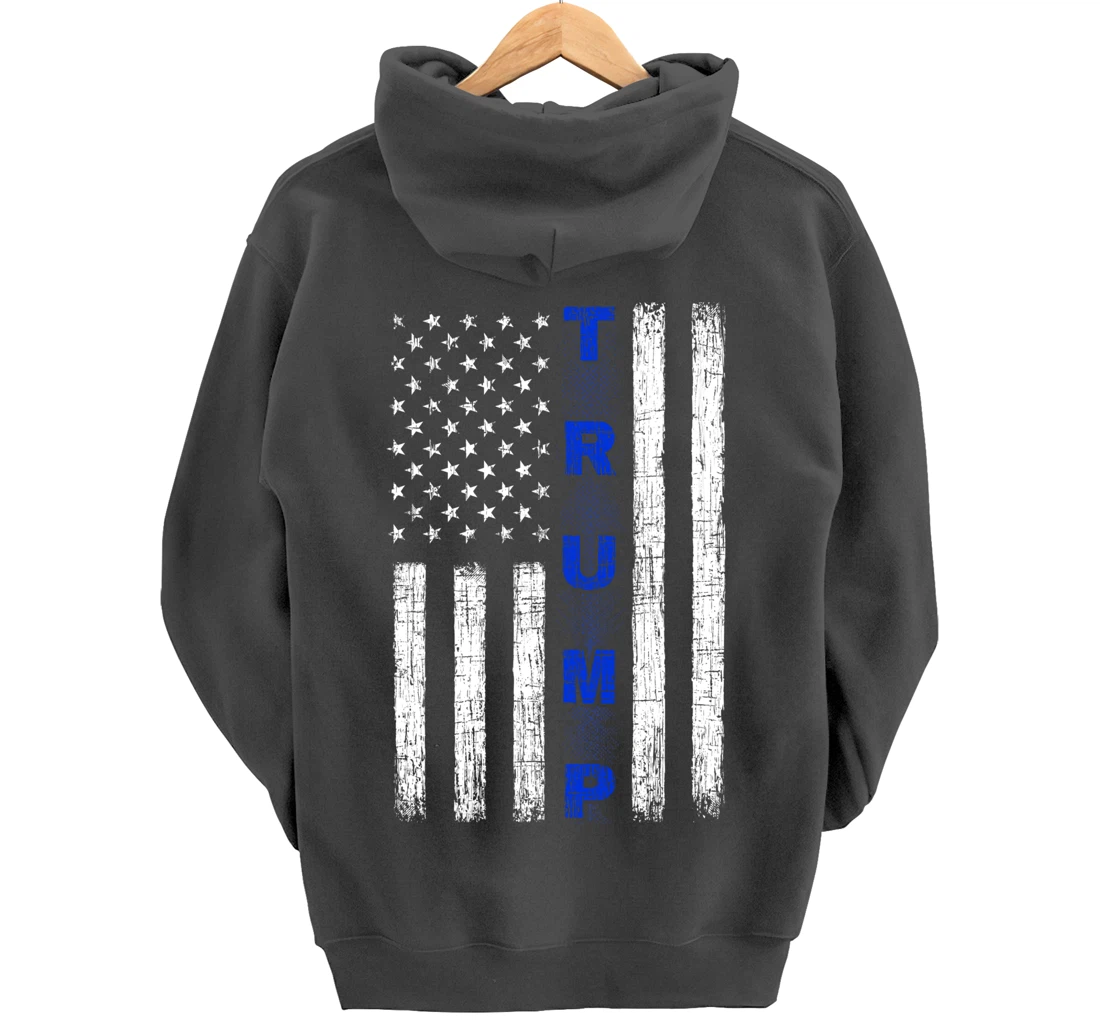 Thin Blue Line Trump American Flag - design on back - Police Pullover Hoodie