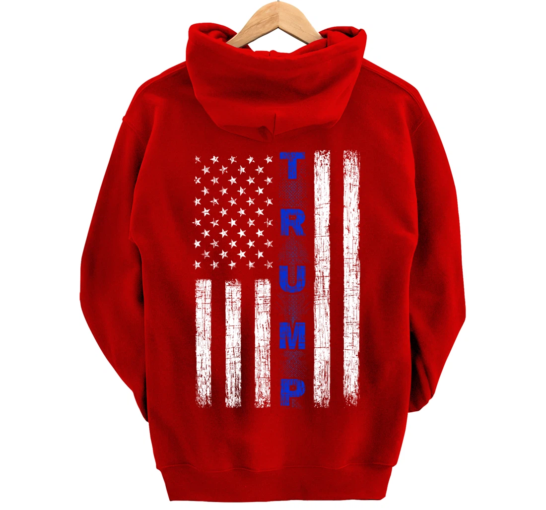 Thin Blue Line Trump American Flag - design on back - Police Pullover Hoodie