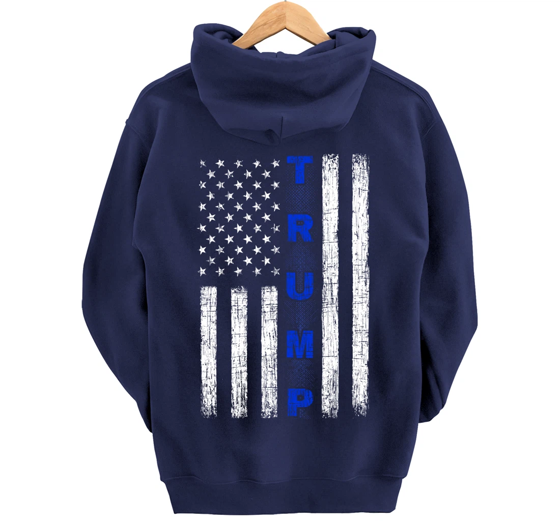 Thin Blue Line Trump American Flag - design on back - Police Pullover Hoodie