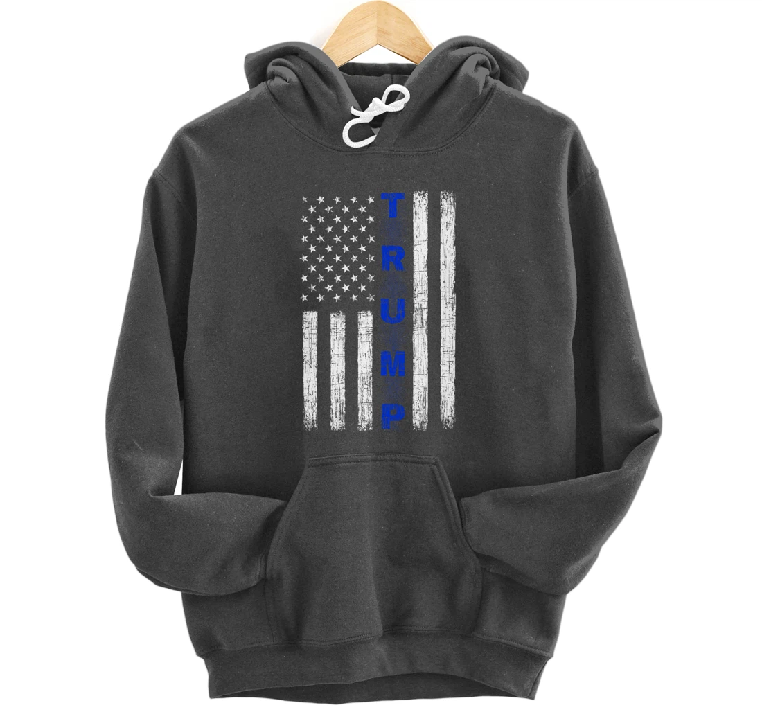 Thin Blue Line Trump American Flag - design on back - Police Pullover Hoodie