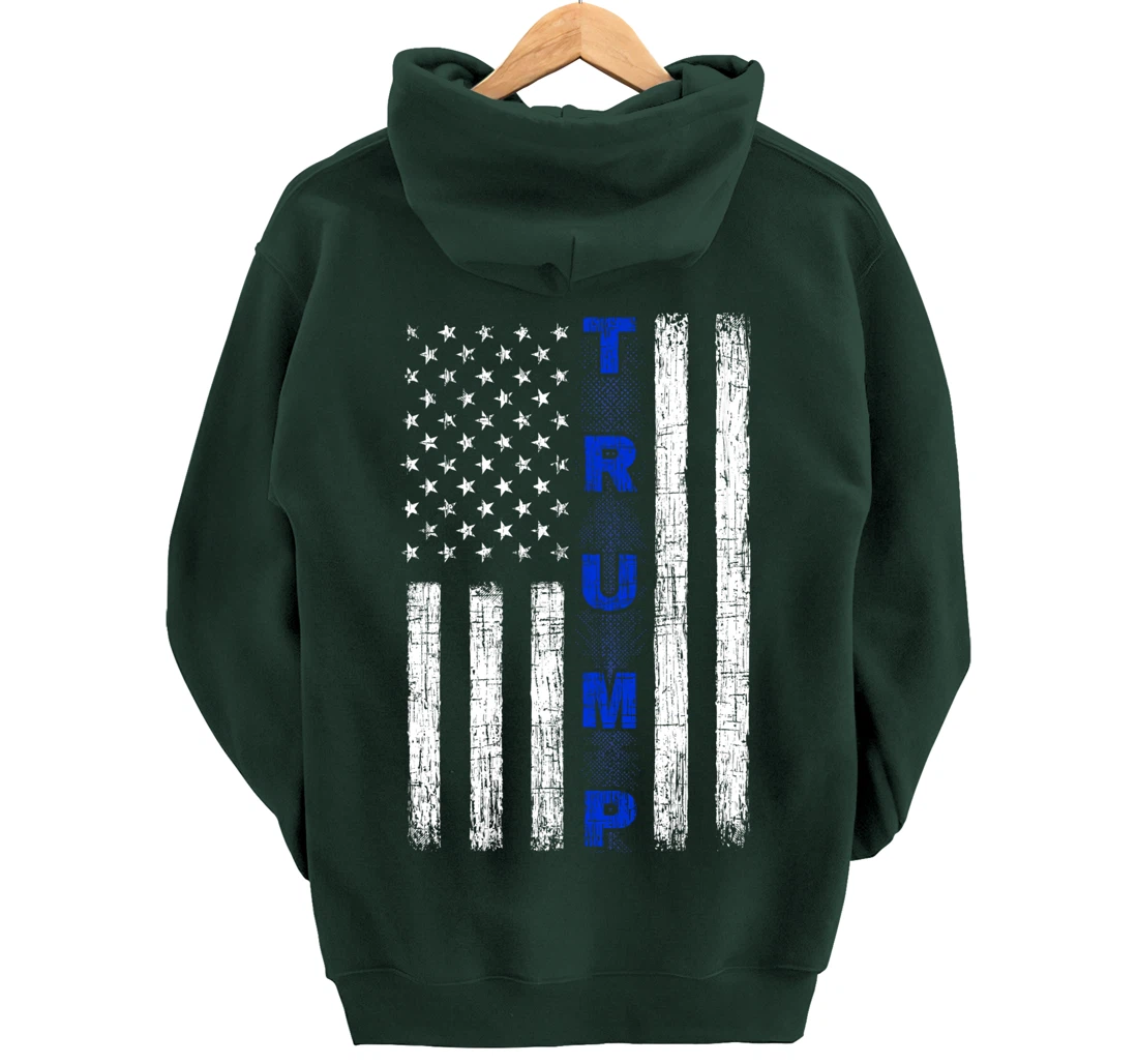 Thin Blue Line Trump American Flag - design on back - Police Pullover Hoodie