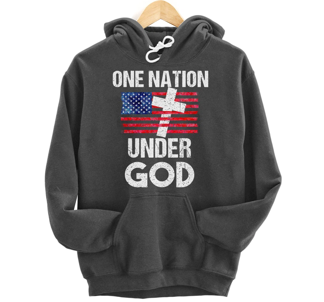 Cool One Nation Under God Funny USA Flag Cross Patriot Gift Pullover Hoodie