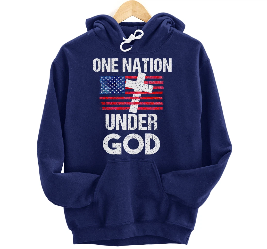 Cool One Nation Under God Funny USA Flag Cross Patriot Gift Pullover Hoodie