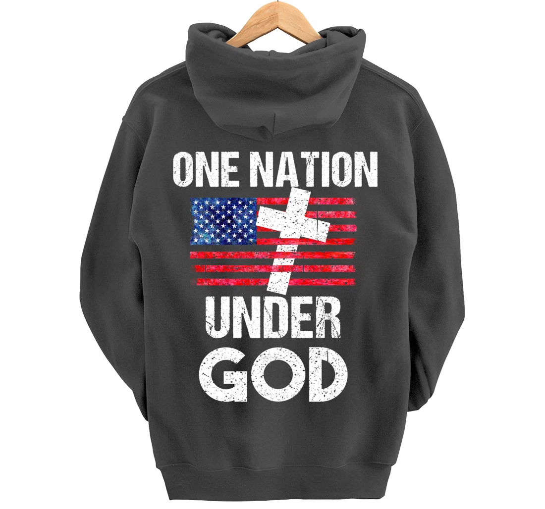 Cool One Nation Under God Funny USA Flag Cross Patriot Gift Pullover Hoodie