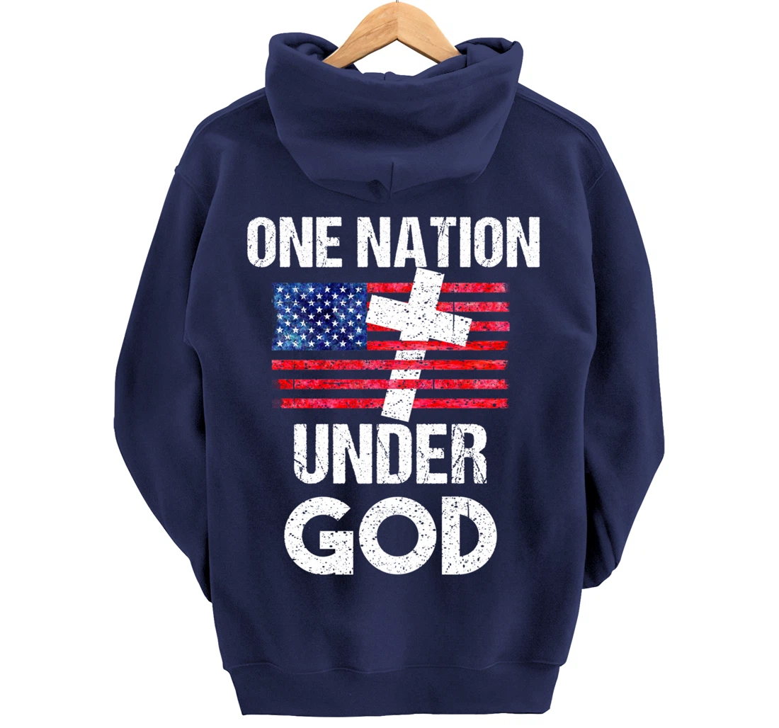 Cool One Nation Under God Funny USA Flag Cross Patriot Gift Pullover Hoodie