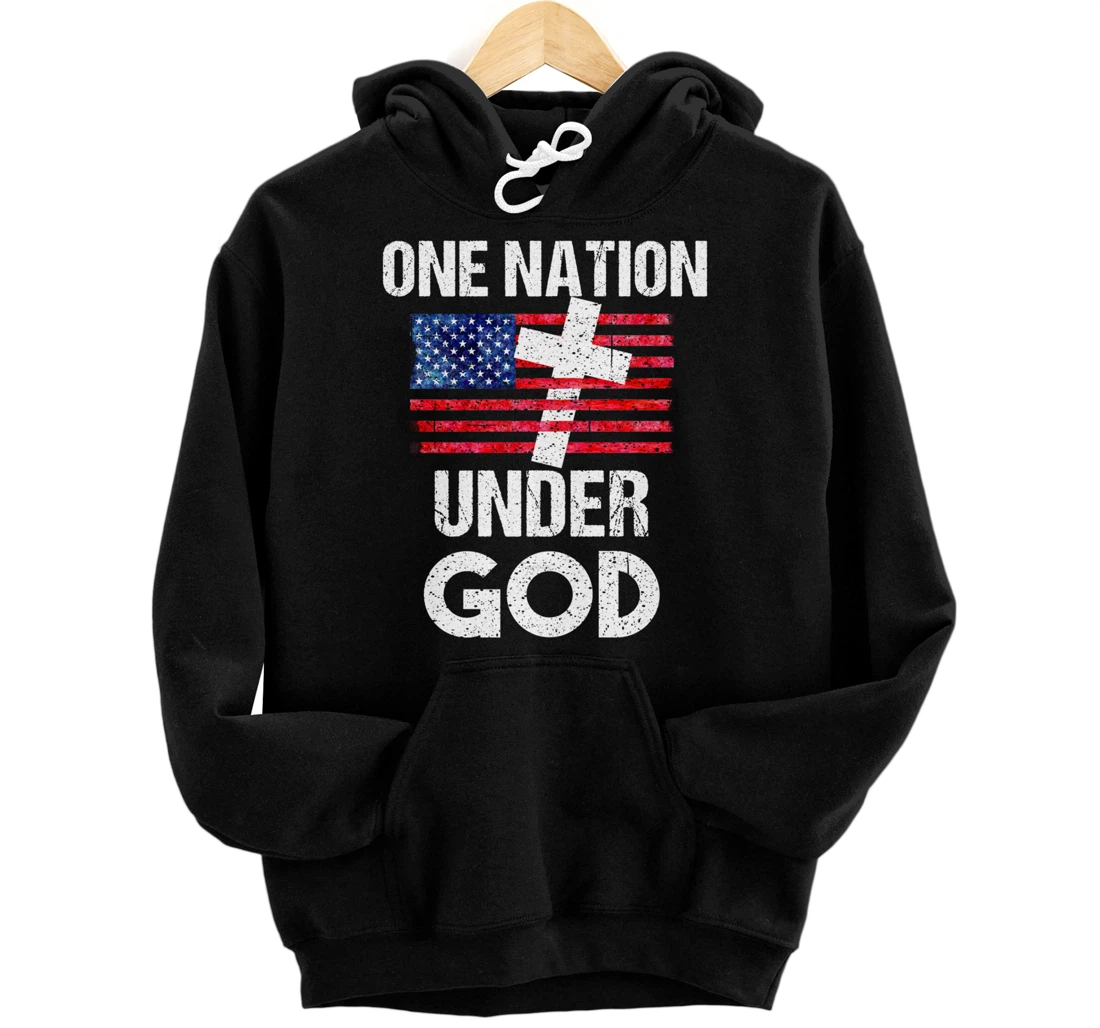 Cool One Nation Under God Funny USA Flag Cross Patriot Gift Pullover Hoodie