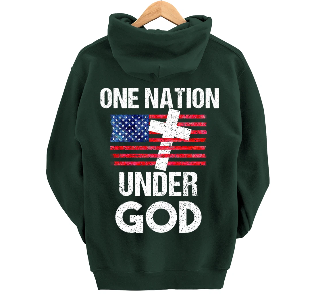 Cool One Nation Under God Funny USA Flag Cross Patriot Gift Pullover Hoodie