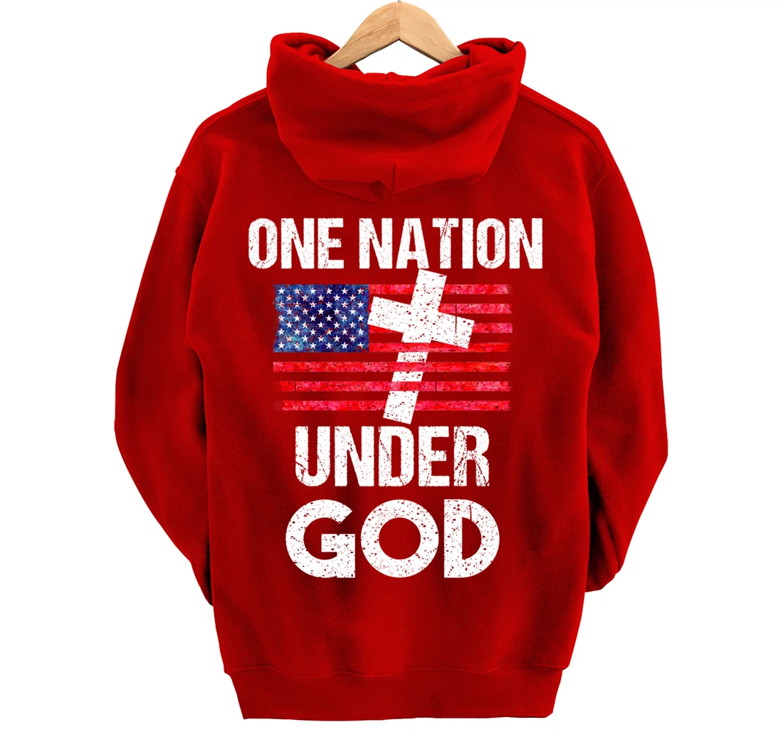 Cool One Nation Under God Funny USA Flag Cross Patriot Gift Pullover Hoodie