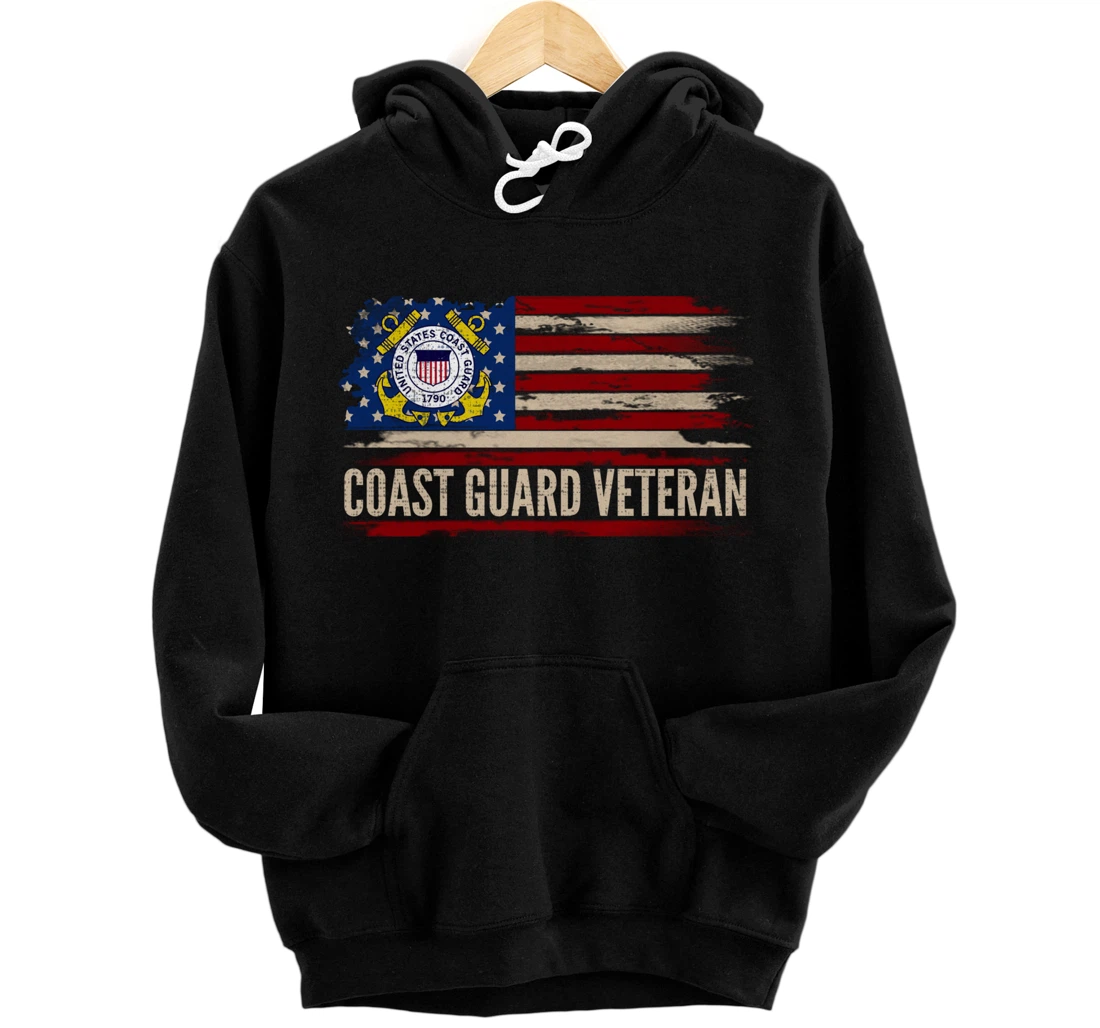 Vintage Coast Guard Veteran American Flag Veteran Gift Pullover Hoodie