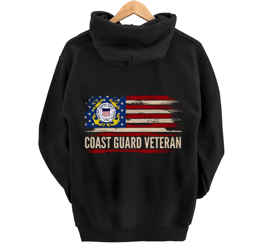 Vintage Coast Guard Veteran American Flag Veteran Gift Pullover Hoodie