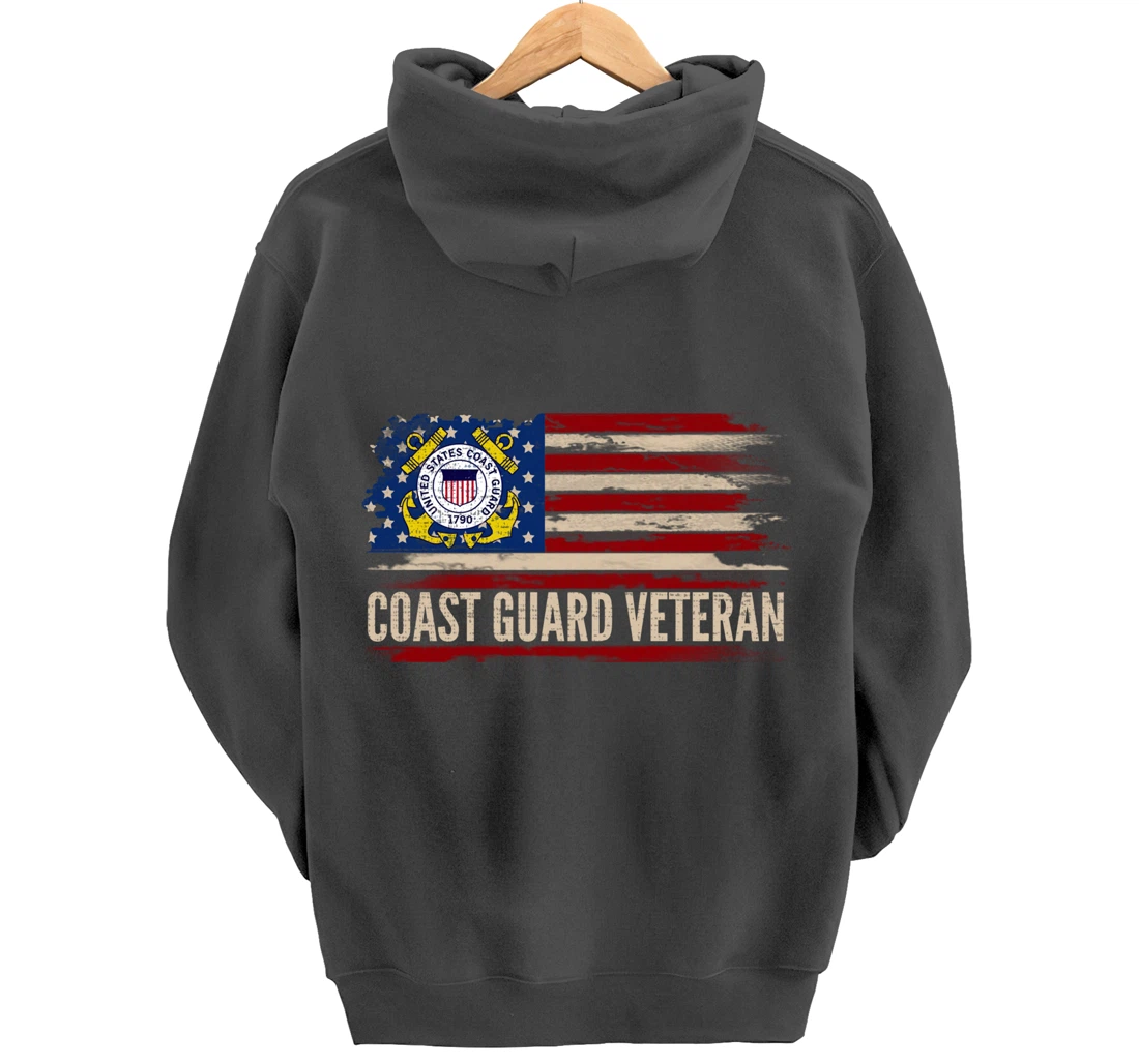 Vintage Coast Guard Veteran American Flag Veteran Gift Pullover Hoodie