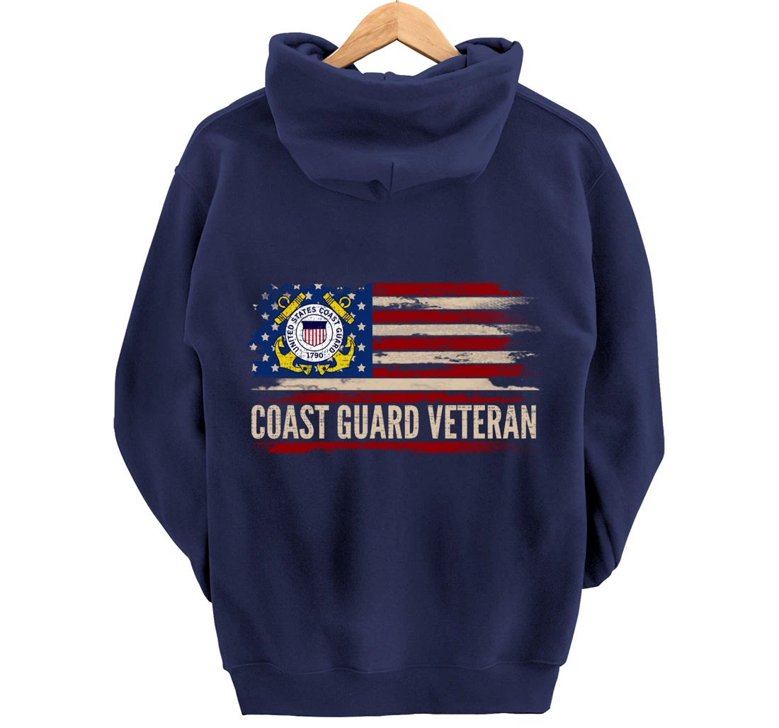 Vintage Coast Guard Veteran American Flag Veteran Gift Pullover Hoodie