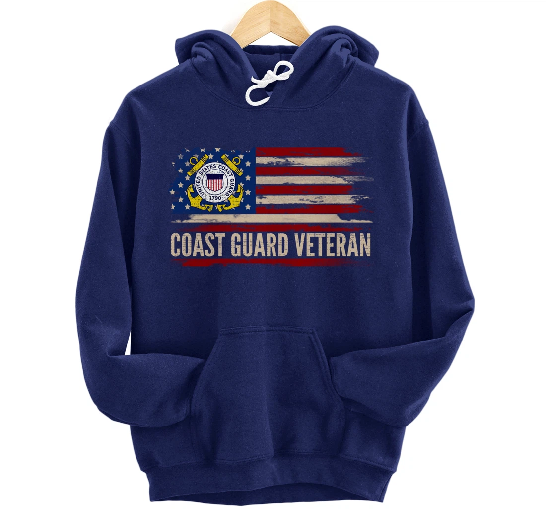 Vintage Coast Guard Veteran American Flag Veteran Gift Pullover Hoodie