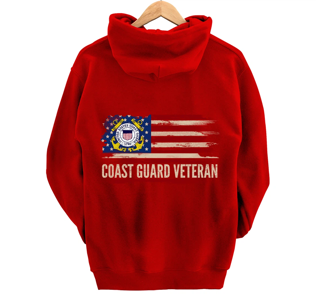 Vintage Coast Guard Veteran American Flag Veteran Gift Pullover Hoodie