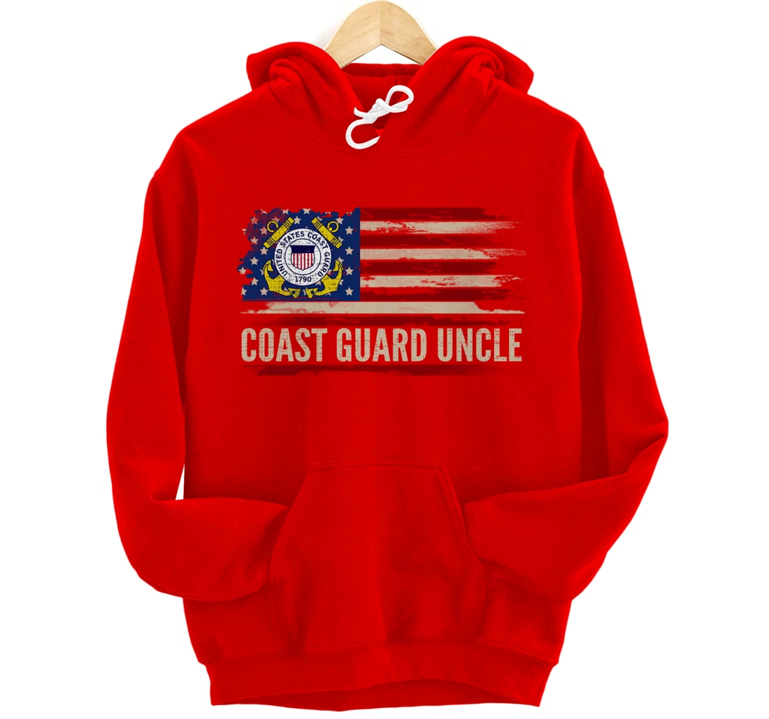 Vintage Coast Guard Uncle American Flag Veteran Gift Pullover Hoodie