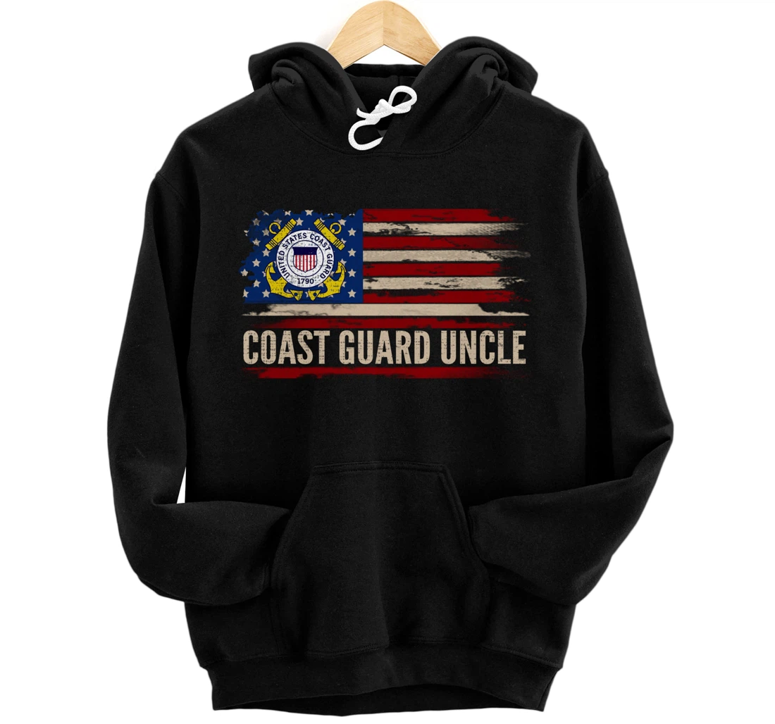 Vintage Coast Guard Uncle American Flag Veteran Gift Pullover Hoodie