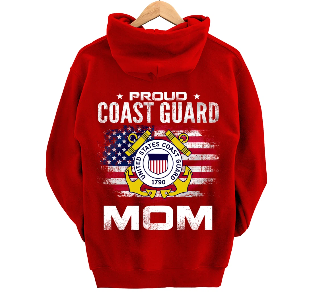 Proud Coast Guard Mom With American Flag Gift Veteran Pullover Hoodie