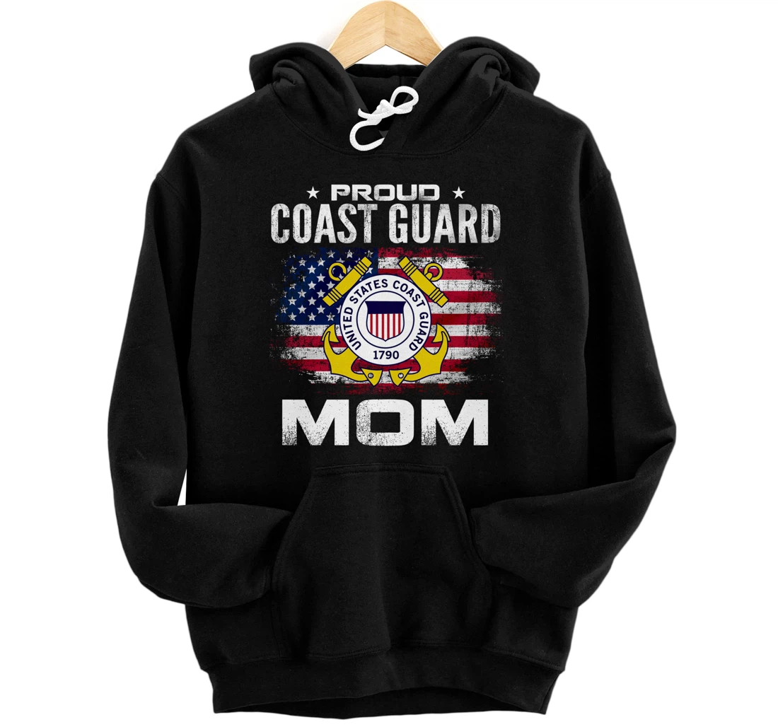Proud Coast Guard Mom With American Flag Gift Veteran Pullover Hoodie